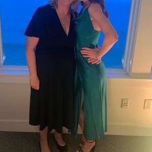 Blue silky dress- looks green in the darker lighting but is more of a dark blue